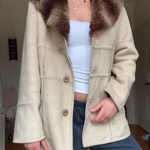 Jessica Cream Faux-Suede Trench Coat with Brown Fur Collar